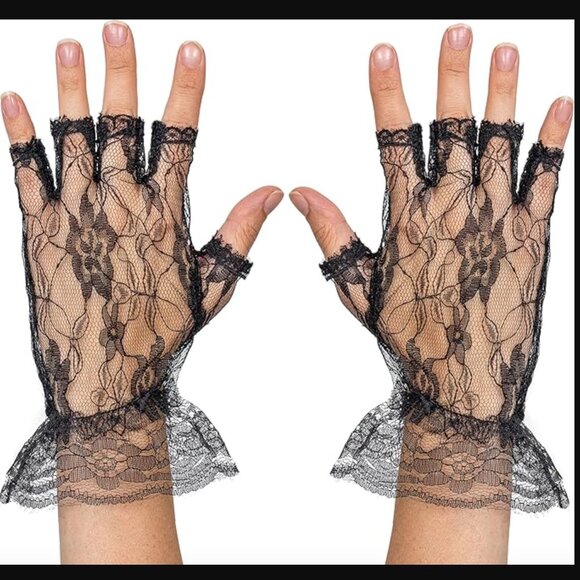 Skeleteen Black Fingerless Short Lace Gloves - Picture 3 of 3